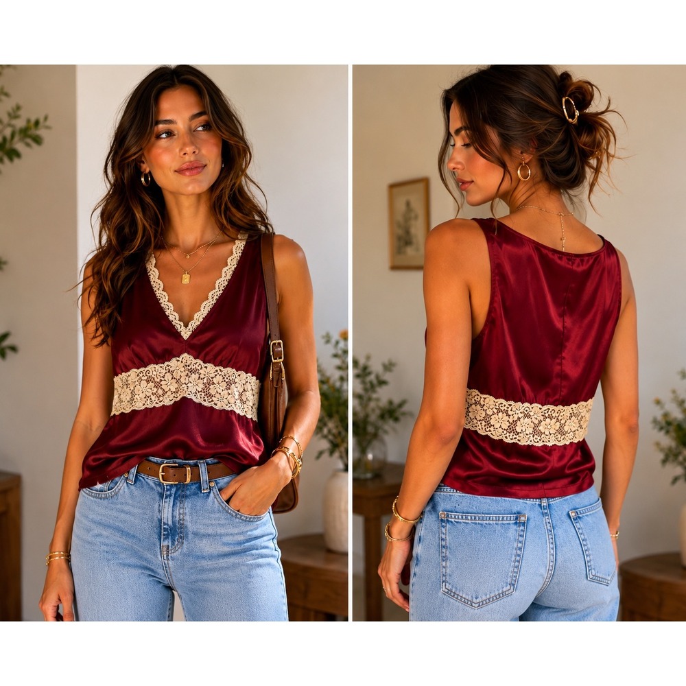 Vintage Y2K 100% Silk Lace Tank Cami Top M coquette babydoll boho festival date